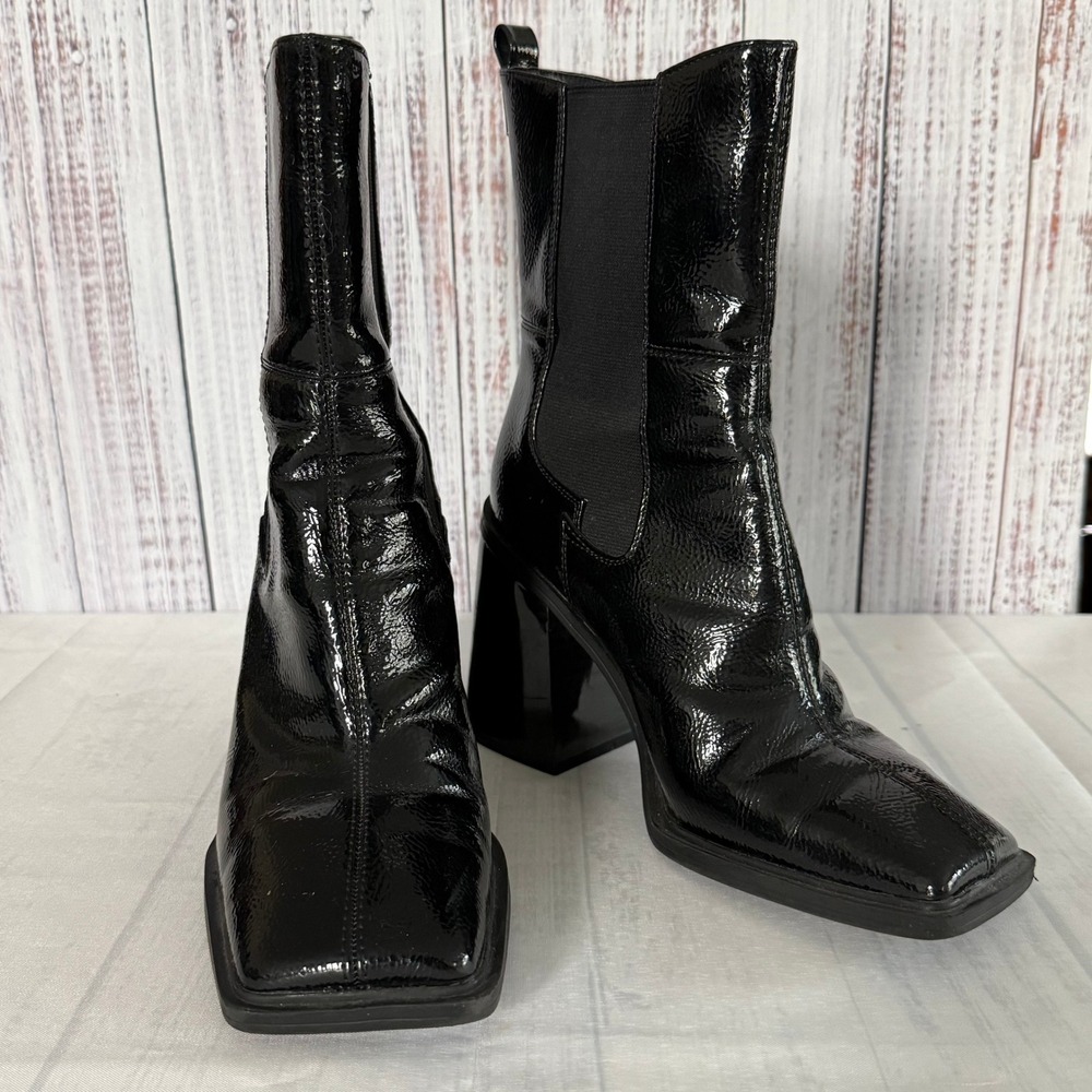 Circus by Sam Edelman Lauren Black Patent Square Toe Block Heel Boots 9M